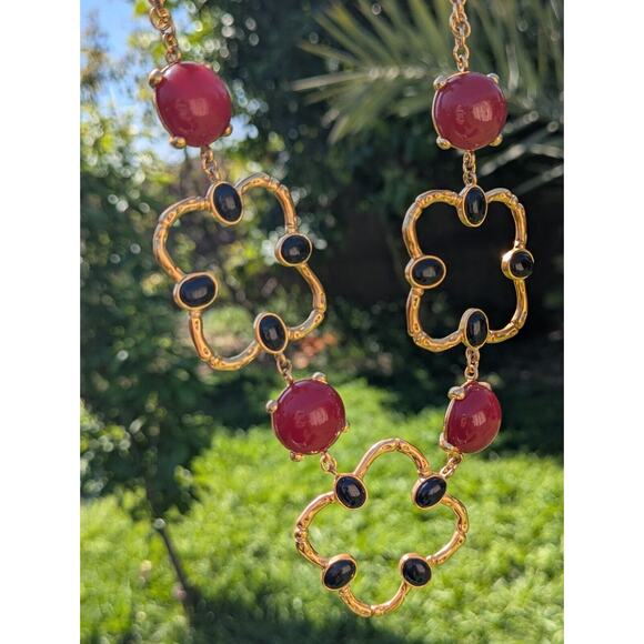 VTG Art Deco Coloured Black Red Beads Gold Tone Clover Statement Necklace Rare - Picture 6 of 12